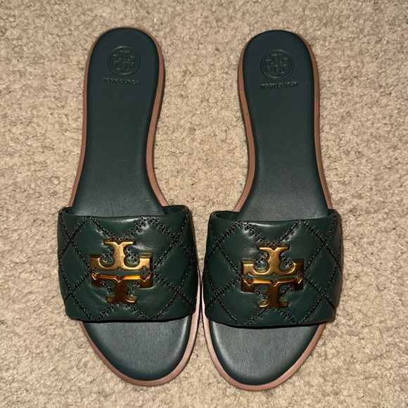 Tory Burch Everly Slide Size 10.5 Color Jitney Green Gold - Picture 2 of 8